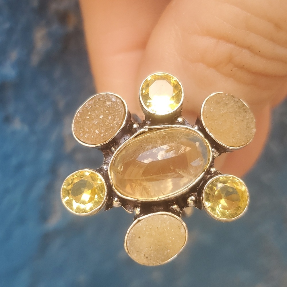 New Golden Rutile, Citrine & Druzy 925 Silver Ring.